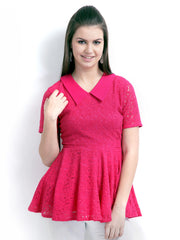 RIDRESS Women Pink Lace Peplum Top