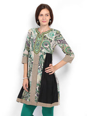 Rain &amp; Rainbow Beige &amp; Green Printed Anarkali Kurta
