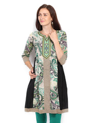 Rain &amp; Rainbow Beige &amp; Green Printed Anarkali Kurta