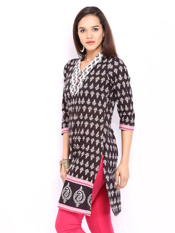 Rain &amp; Rainbow Black &amp; Beige Printed Kurta