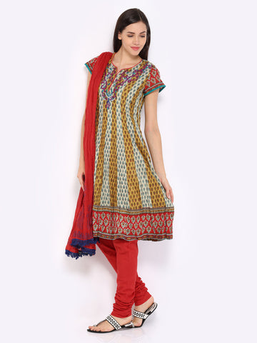 Rain &amp; Rainbow Women Beige &amp; Red Printed Churidar Kurta with Dupatta