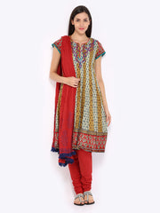 Rain &amp; Rainbow Women Beige &amp; Red Printed Churidar Kurta with Dupatta