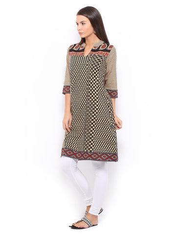 Rain &amp; Rainbow Women Black &amp; Beige Printed Kurta