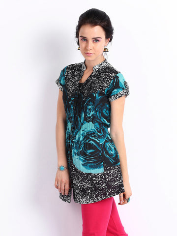 Rain &amp; Rainbow Women Black &amp; Blue Printed Tunic