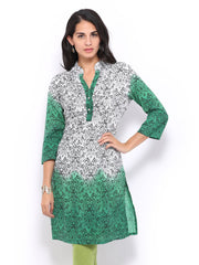 Rain &amp; Rainbow Women Green &amp; White Printed Kurta