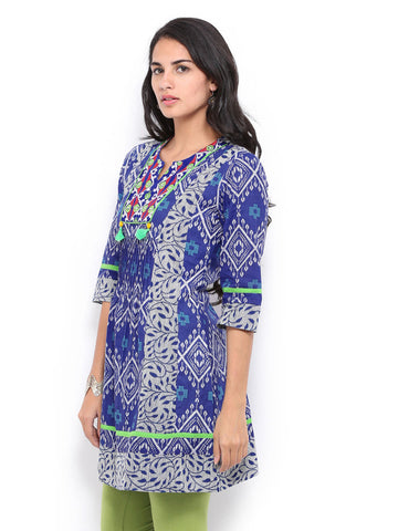 Rain &amp; Rainbow Women Blue &amp; Off-White Printed Kurta