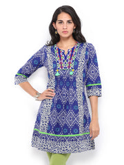 Rain &amp; Rainbow Women Blue &amp; Off-White Printed Kurta