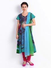 Rain &amp; Rainbow Women Blue &amp; Pink Churidar Kurta with Dupatta