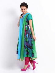 Rain &amp; Rainbow Women Blue &amp; Pink Churidar Kurta with Dupatta