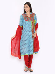 Rain &amp; Rainbow Women Blue &amp; Red Printed Churidar Kurta with Dupatta