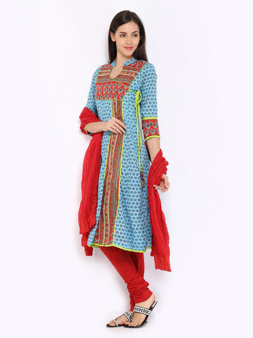 Rain &amp; Rainbow Women Blue &amp; Red Printed Churidar Kurta with Dupatta
