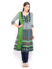 Rain &amp; Rainbow Women Blue Printed Anarkali Churidar Kurta with Dupatta