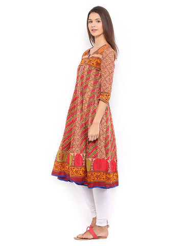 Rain &amp; Rainbow Women Brown &amp; Beige Printed Anarkali Kurta