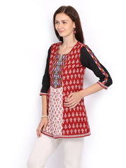 Rain &amp; Rainbow Women Rust Brown &amp; Off-White Printed Kurti