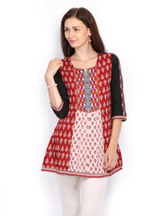 Rain &amp; Rainbow Women Rust Brown &amp; Off-White Printed Kurti