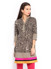 Rain &amp; Rainbow Women Cream-Coloured &amp; Brown Printed Kurta