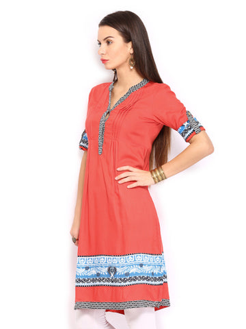Rain &amp; Rainbow Women Coral Red Kurta