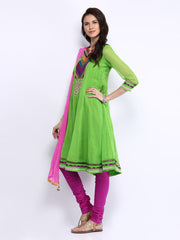 Rain &amp; Rainbow Women Green &amp; Magenta Churidar Kurta with Dupatta