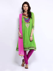 Rain &amp; Rainbow Women Green &amp; Magenta Churidar Kurta with Dupatta