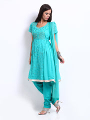 Rain &amp; Rainbow Women Green Embroidered Churidar Kurta with Dupatta