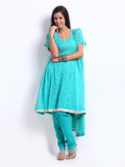 Rain &amp; Rainbow Women Green Embroidered Churidar Kurta with Dupatta