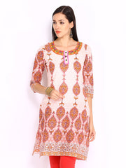 Rain &amp; Rainbow Women White &amp; Pink Printed Kurta