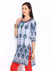 Rain &amp; Rainbow Women White &amp; Navy Printed Kurta