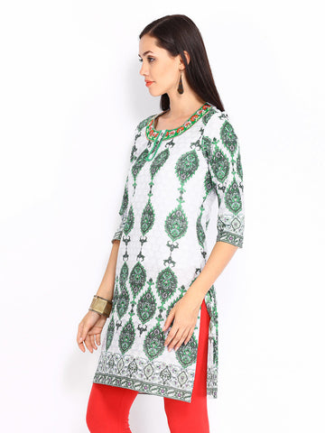 Rain &amp; Rainbow Women White &amp; Green Printed Kurta