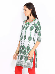 Rain &amp; Rainbow Women White &amp; Green Printed Kurta