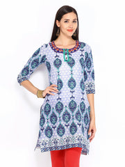 Rain &amp; Rainbow Women White &amp; Navy Printed Kurta