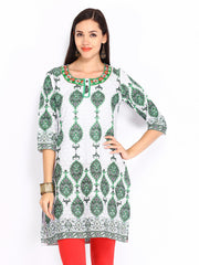 Rain &amp; Rainbow Women White &amp; Green Printed Kurta