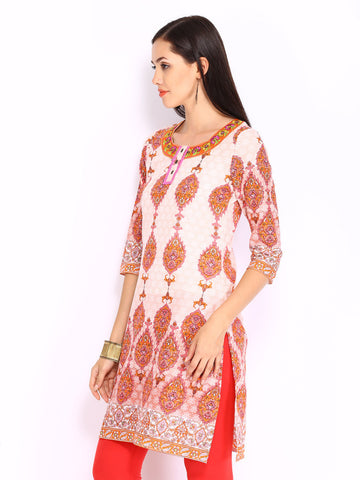 Rain &amp; Rainbow Women White &amp; Pink Printed Kurta