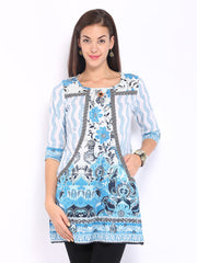 Rain &amp; Rainbow Women White &amp; Blue Printed Kurta