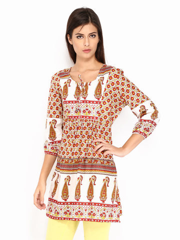 Rain &amp; Rainbow Women Off-White &amp; Red Printed Kurti