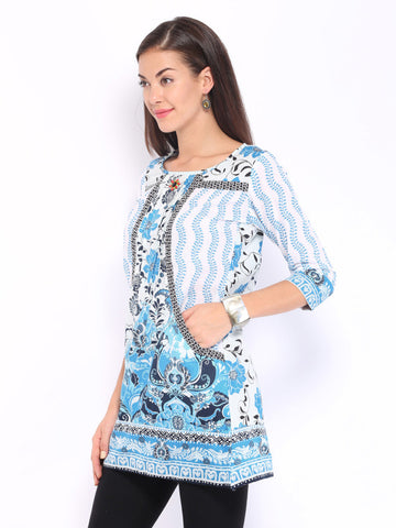 Rain &amp; Rainbow Women White &amp; Blue Printed Kurta
