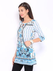 Rain &amp; Rainbow Women White &amp; Blue Printed Kurta
