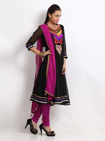 Rain &amp; Rainbow Women Black &amp; Pink Churidar Kurta with Dupatta