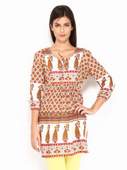 Rain &amp; Rainbow Women Off-White &amp; Red Printed Kurti