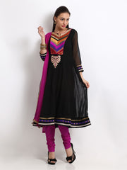 Rain &amp; Rainbow Women Black &amp; Pink Churidar Kurta with Dupatta