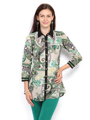 Rain &amp; Rainbow Women Cream &amp; Green Printed Kurti