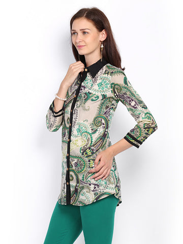 Rain &amp; Rainbow Women Cream &amp; Green Printed Kurti