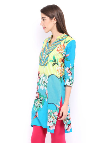 Rain &amp; Rainbow Women Lemon Yellow &amp; Blue Printed Kurta