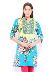 Rain &amp; Rainbow Women Lemon Yellow &amp; Blue Printed Kurta