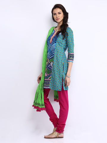 Rain &amp; Rainbow Women Blue &amp; Pink Churidar Kurta with Dupatta