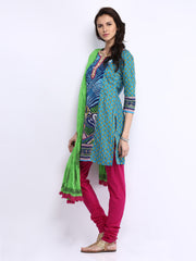 Rain &amp; Rainbow Women Blue &amp; Pink Churidar Kurta with Dupatta