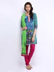 Rain &amp; Rainbow Women Blue &amp; Pink Churidar Kurta with Dupatta