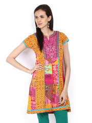 Rain &amp; Rainbow Women Mustard Yellow Printed Kurta