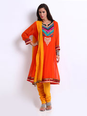 Rain &amp; Rainbow Women Orange &amp; Yellow Anarkali Churidar Kurta with Dupatta