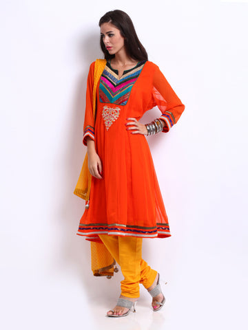 Rain &amp; Rainbow Women Orange &amp; Yellow Anarkali Churidar Kurta with Dupatta