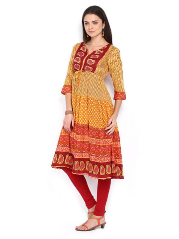 Rain &amp; Rainbow Women Orange &amp; Yellow Printed Kurta